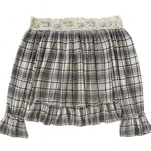 LOFT Off-Shoulder Plaid Blouse S Black White Crochet Lace Ruffle Hem Boho Top